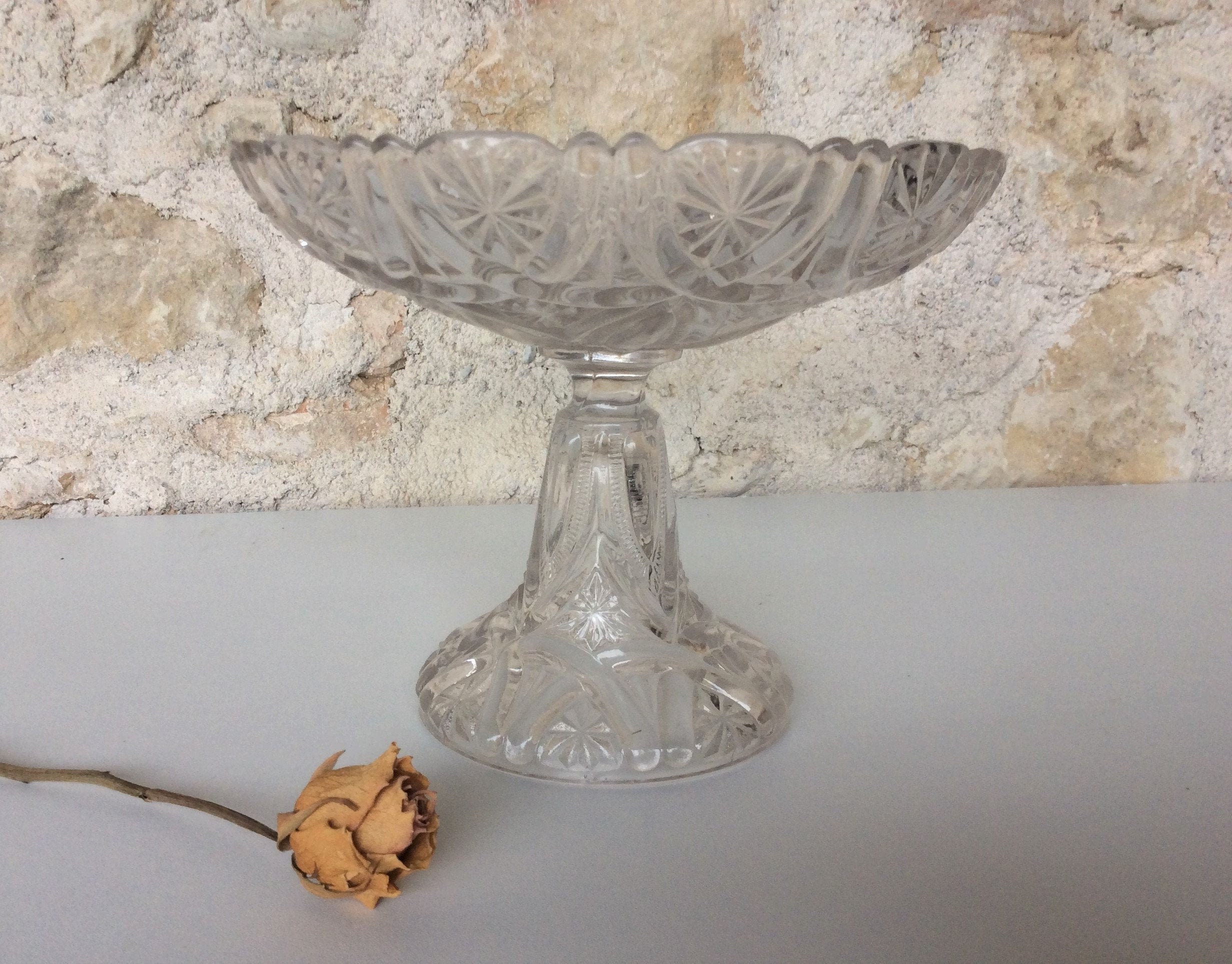 stand à Gâteaux en Verre Coupé Vintage, Verrerie Français Des Années 1950