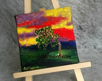 Mini art landscape oil painting, colourful contemporary art with easel