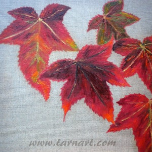 Autumn art oil painting on a natural canvas in red and gold image 7