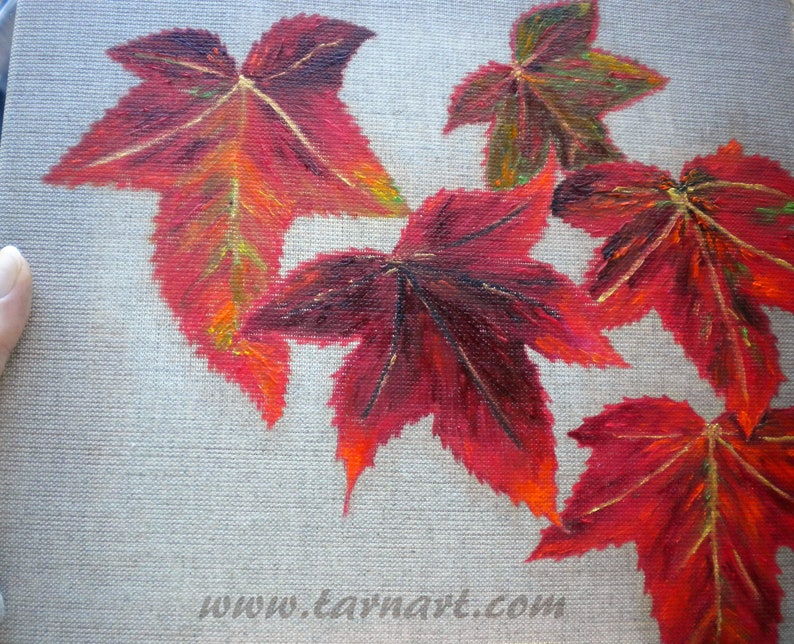 Autumn art oil painting on a natural canvas in red and gold image 7