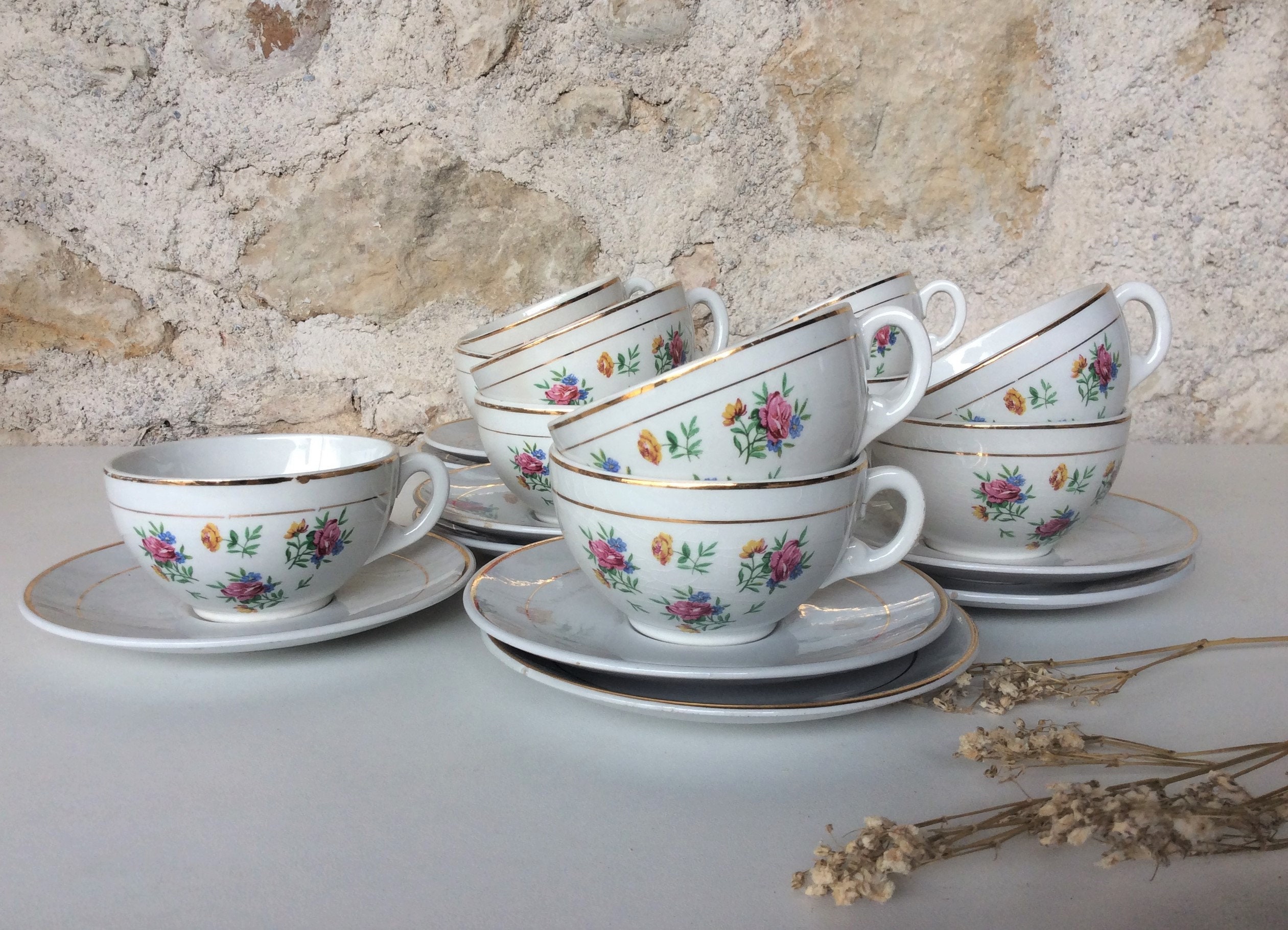 Ensemble de Café Vintage, Tasses à Expresso en Porcelaine Français et Soucoupes