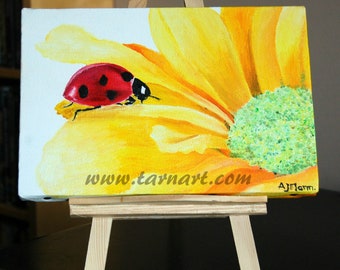 Floral oil painting, contemporary art of a yellow flower and ladybug