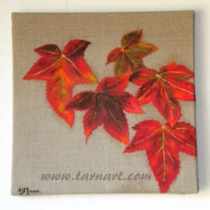 Autumn art oil painting on a natural canvas in red and gold image 1