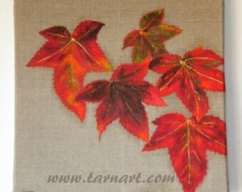 Autumn art oil painting on a natural canvas in red and gold