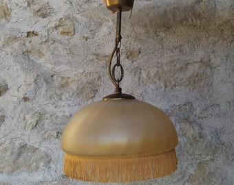 Vintage French ceiling light, a beige glass pendant light
