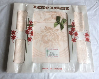 Vintage Irish tablecloth, a peach damask tablecloth with napkins still in box