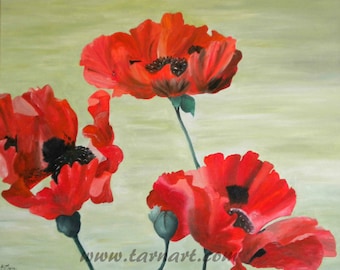 Large red poppy painting, a contemporary oil painting on canvas 18" x 22"