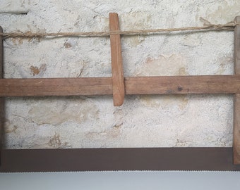 Vintage French wooden frame hand bow saw, a large woodworking tool