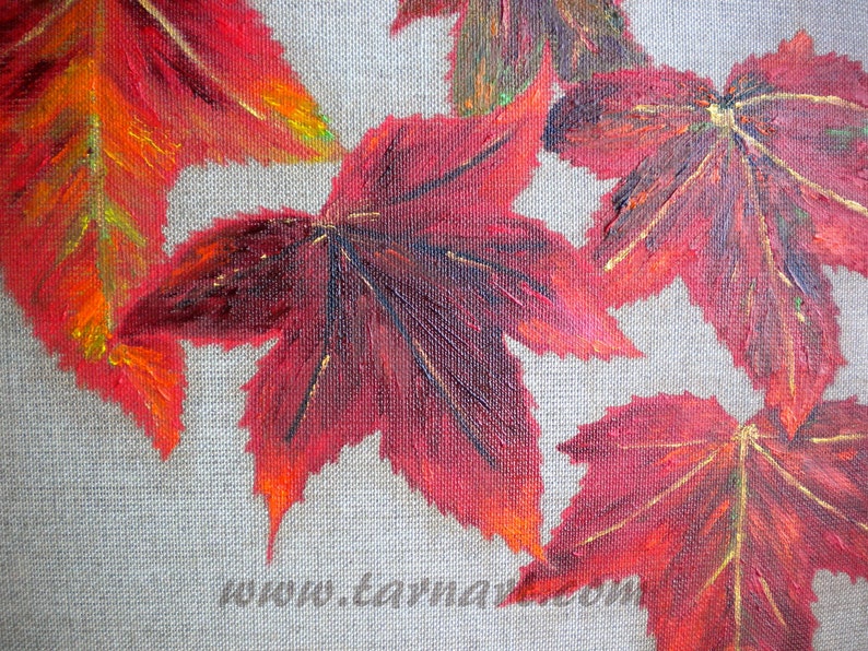 Autumn art oil painting on a natural canvas in red and gold image 2