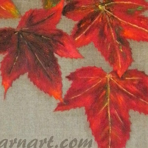 Autumn art oil painting on a natural canvas in red and gold image 6
