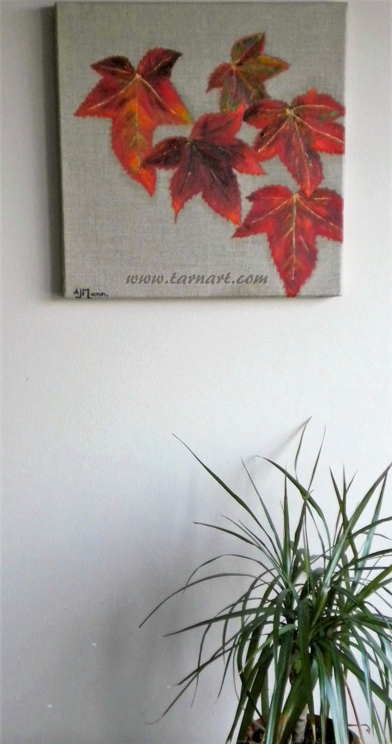 Autumn art oil painting on a natural canvas in red and gold image 5