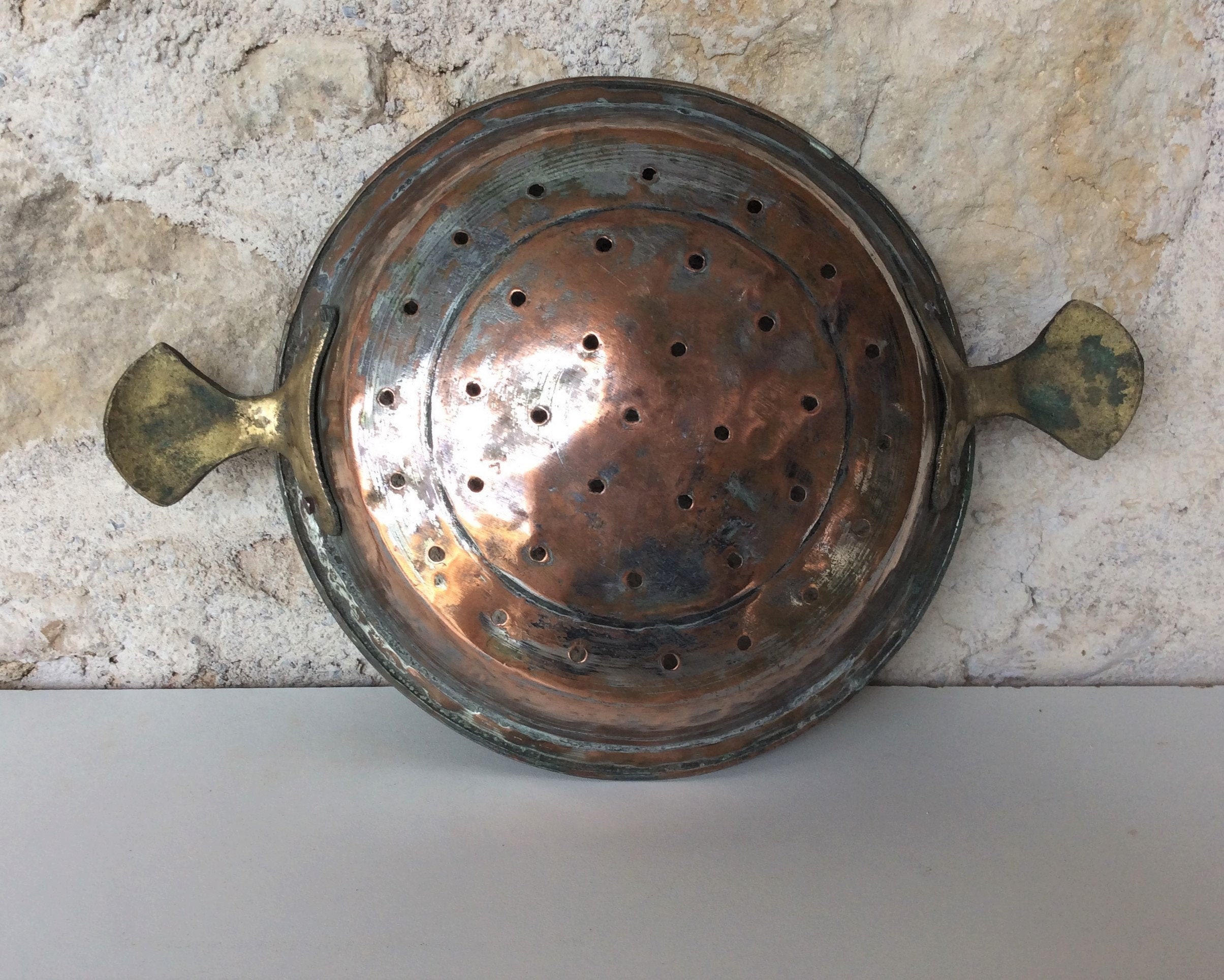 Passoire Français Cuivre Antique, Un Tamis Du 19Ème Siècle