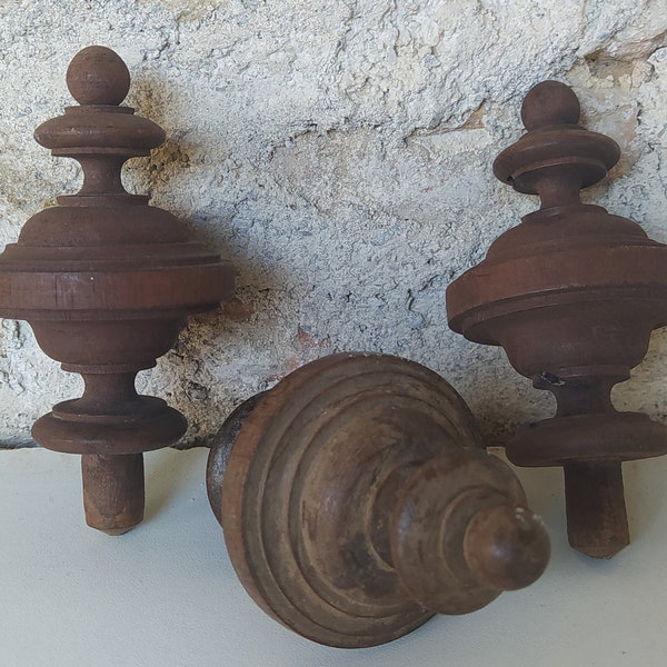 Antique French turned wood finials, set of 3 salvaged architecture decor