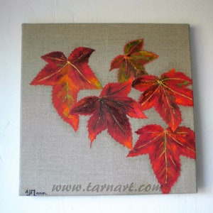 Autumn art oil painting on a natural canvas in red and gold image 4