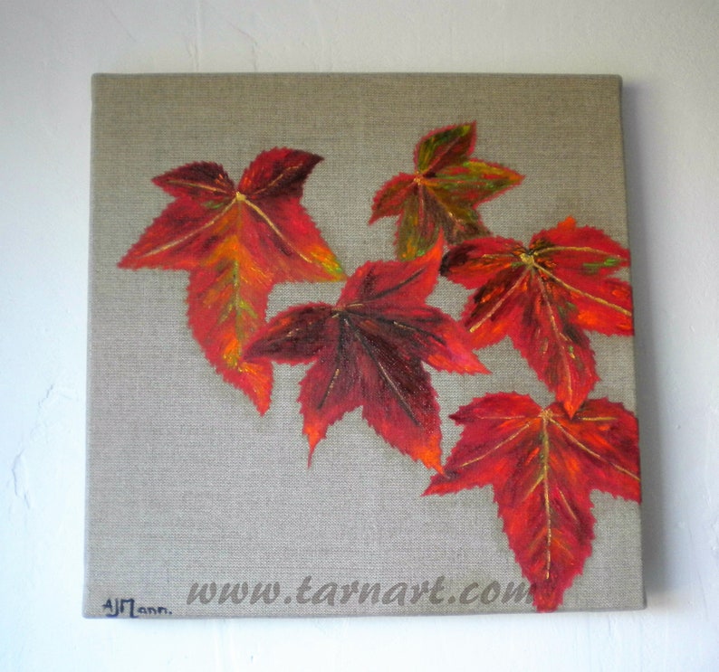 Autumn art oil painting on a natural canvas in red and gold image 4