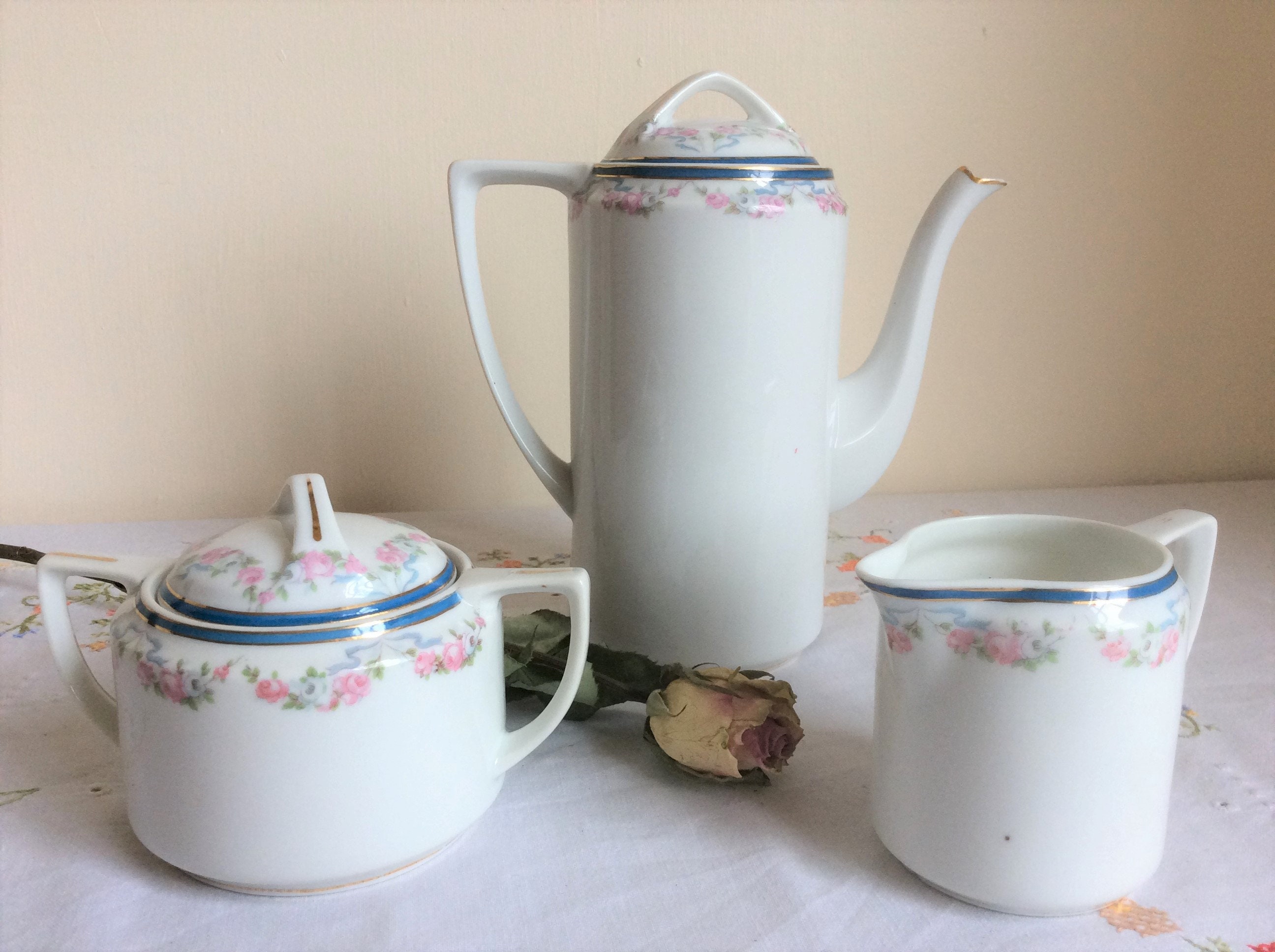 Poterie Japonaise Antique, Cafetière Toki Kaisha, Sucrier et Crémeuse