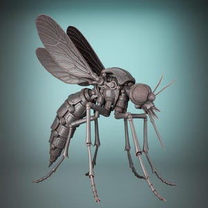May include: A detailed, gray, mechanical mosquito sculpture with articulated legs, wings, and body segments. The insect has a complex, industrial design, with visible gears and rivets. The background is a gradient of teal and gray.