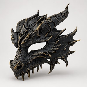 Op de afbeelding: Een gedetailleerd, zwart drakenmasker met gouden accenten. Het masker heeft ingewikkelde schubben, hoorns en scherpe tanden. Het ontwerp omvat een gedetailleerde oogopening en decoratieve patronen.