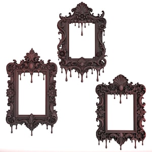 May include: Three dark brown rectangular picture frames featuring ornate, intricate scrollwork and floral carvings. Each frame displays a distinct dripping effect along the inner and outer edges, creating a textured, layered appearance throughout.