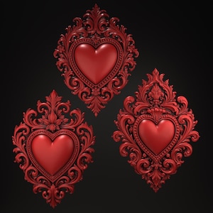 May include: Three red heart-shaped wall plaques, each featuring a smooth, raised central heart surrounded by an intricate, ornate frame with scrolling filigree and floral-inspired relief details, all presented in a uniform deep red color.