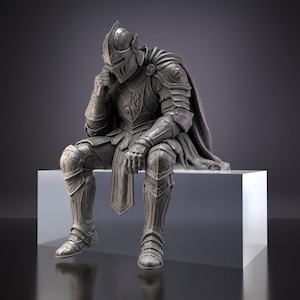 May include: A grey, monochromatic figurine of a knight in full plate armor, seated with one hand resting on the chin and the other on the knee. The armor features intricate engravings, a chest plate with a lion emblem, and a flowing cape.