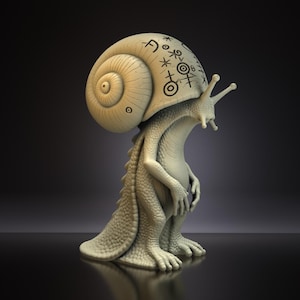 May include: A cream-coloured figurine of a bipedal creature with a textured, reptilian body and a large snail shell on its back. The shell features black etched symbols, including circles, stars, and lines. The creature has four eye stalks.