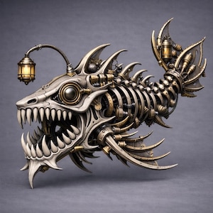 May include: A detailed steampunk-style sculpture of a fish. The fish is constructed from metallic components, with a skeletal frame and intricate gears. It features a lantern and a menacing open mouth with sharp teeth. The color palette includes silver, bronze, and gold.