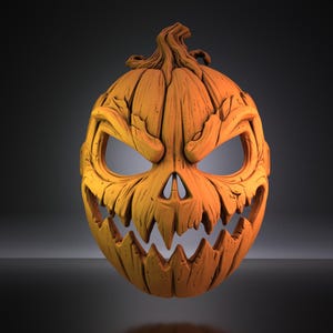 May include: An orange pumpkin mask featuring a carved, weathered texture with deep grooves, a jagged, toothy grin, and sharp, angular eye sockets. The top of the mask includes a sculpted, twisted stem detail, creating a menacing, textured appearance.
