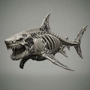 Könnte beinhalten: Detaillierte Skulptur eines Haifischskeletts mit mechanischen Komponenten. Der Hai wird in einer dynamischen Pose dargestellt, die seine Skelettstruktur und komplizierten mechanischen Details zeigt. Die Farbpalette ist hauptsächlich grau und metallisch.