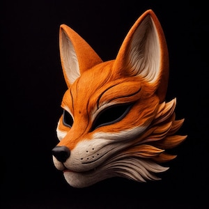Peut inclure: Un masque de renard présentant une texture de fourrure orange vif avec des accents crème sur les joues, les oreilles et le museau. Le masque possède des oreilles pointues, des ouvertures oculaires en amande, un nez noir et des taches de moustaches.