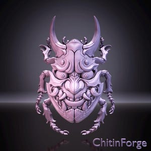 May include: A light purple, symmetrical beetle-shaped sculpture featuring a stylized oni mask face with prominent curved horns, sharp fangs, and intricate segmented legs. The text ChitinForge is visible in the bottom right corner of the image.