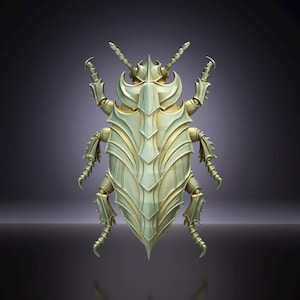 May include: A metallic gold-toned beetle figurine featuring a segmented, armor-like shell with intricate ridges and pointed edges. The insect has six articulated legs and two antennae, displaying a polished, reflective surface with sharp, defined lines.