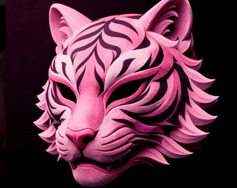 Könnte beinhalten: Eine rosa Tigermaske mit schwarzen Streifen und einer strukturierten Oberfläche. Die Maske weist detaillierte Gesichtszüge auf, darunter Augen, Nase und Mund. Der Hintergrund ist einfarbig schwarz.