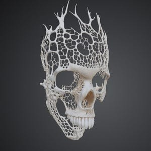 Peut inclure: Une sculpture de crâne blanche, au design complexe, avec un motif délicat en forme de toile d'araignée. Le crâne présente des dents et des orbites détaillées, avec une structure en forme de couronne au sommet. L'œuvre est posée sur un fond gris foncé.
