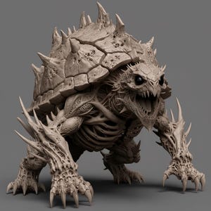 May include: A detailed sculpture of a monstrous creature with a turtle-like shell covered in spikes, a skeletal body, and sharp claws. The creature's mouth is open, revealing teeth. The sculpture is in a neutral colour.