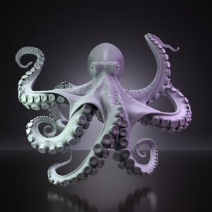Op de afbeelding: Een driedimensionaal beeld van een octopus met een glad, lichtgekleurd oppervlak. Het wezen heeft een ronde kop en acht lange, gebogen tentakels die naar buiten uitsteken, elk gedetailleerd met een reeks cirkelvormige zuignappen.