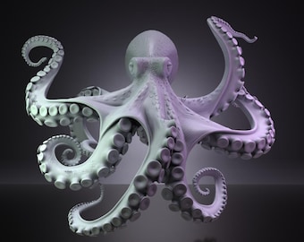Könnte beinhalten: Eine dreidimensionale Skulptur eines Oktopus mit einer glatten, hellen Oberfläche. Das Wesen hat einen abgerundeten Kopf und acht lange, geschwungene Tentakel, die nach außen ragen und jeweils mit einer Reihe kreisförmiger Saugnäpfe versehen sind.