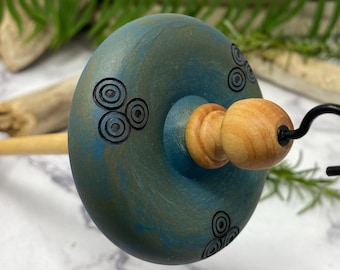 Art Yarn Drop Spindle w/Fiber, Hand Painted w/Chalk Paint, Wood Burned Design, Top Whorl wood spindle, Spin Bulky Yarns, OCEAN 02