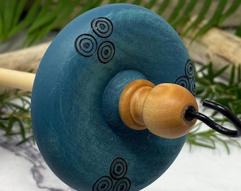 Art Yarn Drop Spindle w/Fiber, Hand Painted w/Chalk Paint, Wood Burned Design, Top Whorl wood spindle, Spin Bulky Yarns, OCEAN 06