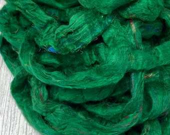 EMERALD FOREST Sari Silk Roving: Green Fiber for Spinning, Felting, Art Batts