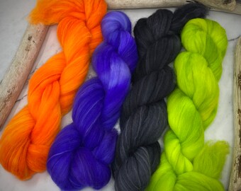 Superwash Merino/Nylon blend top,  4 color Roving Combo Pack, hand dyed spinning fiber, SPOOKY FIBER 4 ounces