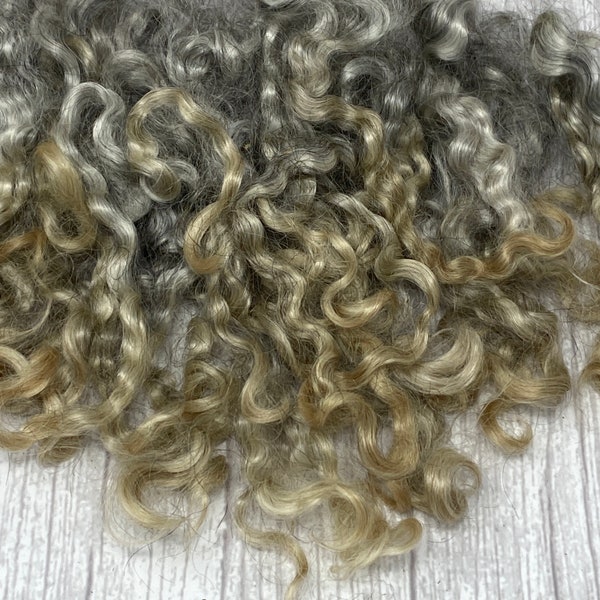 SILVER BEIGE Mohair locks, Hand pulled and bundled, Natural pale gray color, curly mohair doll hair, gnomes, lock spinning, felting, 1 ounce