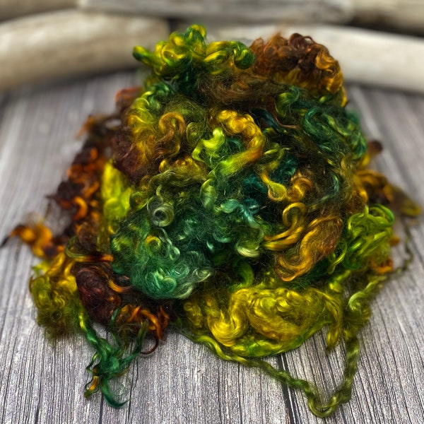 FOREST LIGHT, 2.4 oz Mohair locks, Earthy green brown colors, Soft Yearling Fiber from Clementine, Spin or Felt, long locks, doll hair