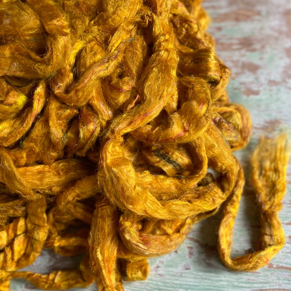 GOLD RUSH Recycled Sari Silk Roving for Spinning, Felting, Art Batts, Silky Yellow Gold Fiber