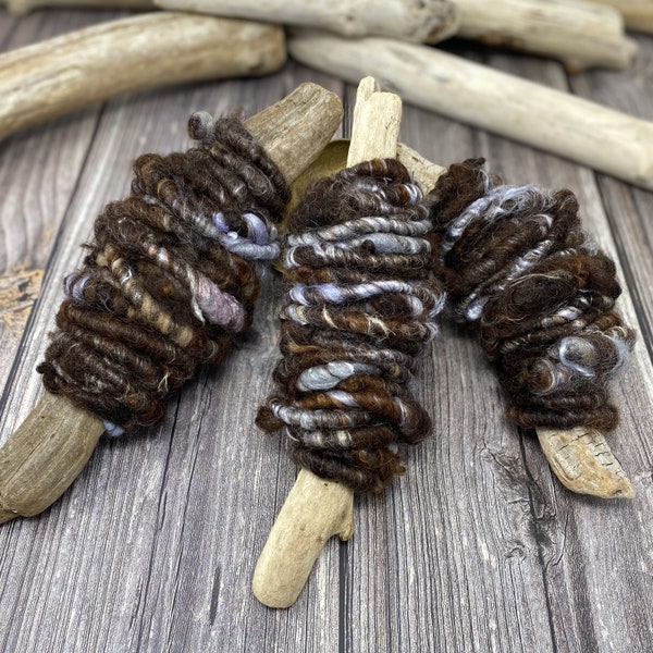 Yarn & Driftwood Bundle, Handspun Art Yarn on a Rustic Driftwood Bobbin, FROSTED, lambswool with mohair and silk, dark brown lavender