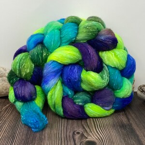 MERMAID, Silk Slubs Hand Dyed Roving, Purple Green Blue, Textured Wool Top, Colorful Fiber, spin, felt, make batts, weave, 4 oz. Braid