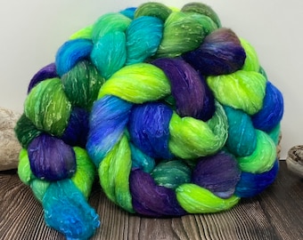 MERMAID, Silk Slubs Hand Dyed Roving, Purple Green Blue, Textured Wool Top, Colorful Fiber, spin, felt, make batts, weave, 4 oz. Braid