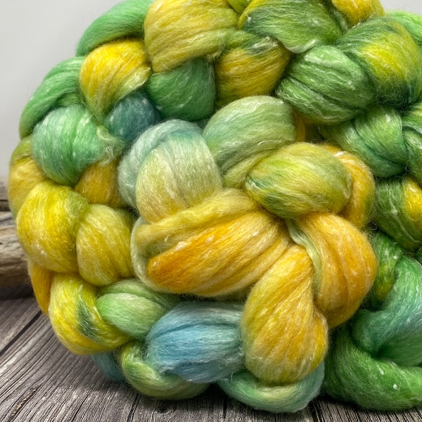 LEAP FROG, Lullaby Luxury blend, Hand Dyed Merino Bamboo Wool Top, soft fiber to spin, pastel yellow green blue color roving, 4+ ounces