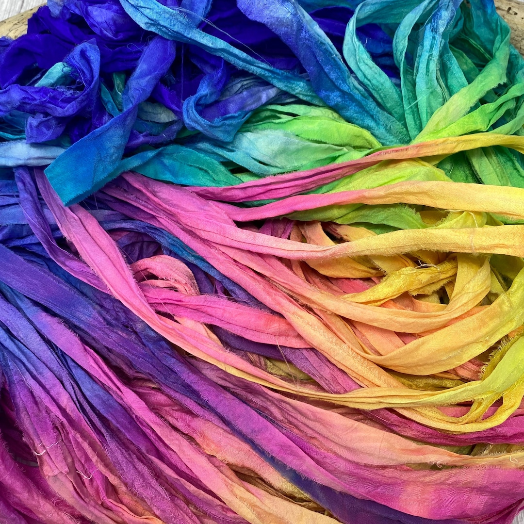 Hand Dyed Premium Sari Silk Ribbon, Bright Multicolored Fabric Yarn ...