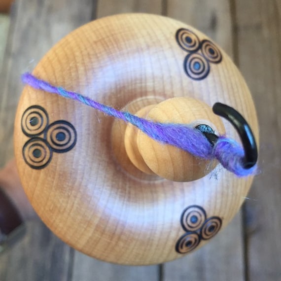 Wood Burned Art Yarn Drop Spindle, Chunky Yarn Spinning, Includes 1oz Fiber